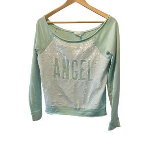 VICTORIAS SECRET Mint Sequin Front Wide Neck Fleece Lined Long Sleeve Pullover S